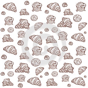 Set of bread and bakery doodle vector illustration. Bakery seamless pattern.