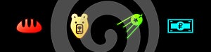 Set Bread loaf, Bear head, Satellite and Russian ruble banknote icon. Vector