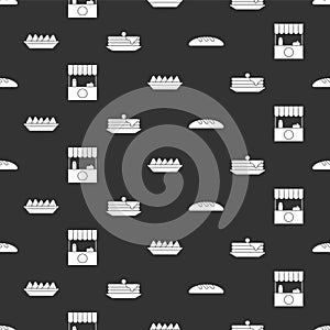 Set Bread loaf, Street stall with awning, Nachos in plate and Stack of pancakes on seamless pattern. Vector