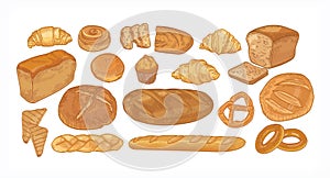 Set of breads and baked products of various types, shapes and sizes isolated on white background - loaf, bun, croissant