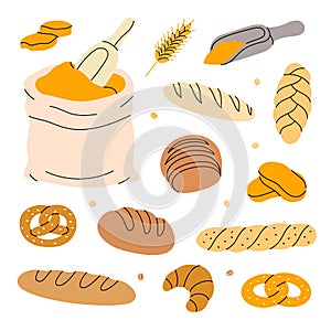 Set of breads. Breads and pastry banner. Whole grain and wheat bread, pretzel, ciabatta, croissant, french baguette for