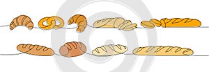 Set of breads one line colored continuous drawing. Whole grain, wheat bread, pretzel, ciabatta, croissant, bagel