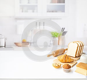 Set of breakfast food or bakery,cake on table kitchen background.cooking and eating