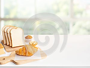 Set of breakfast food or bakery,cake on table kitchen with window background