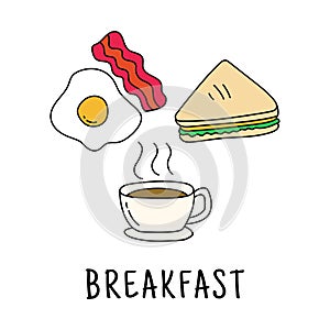 Set of breakfast foods doodle illustration
