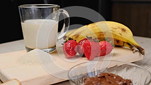 Set of breakfast fruits colorful and fresh summer juice glass healthy foods Many ripe fruit mixed on nature green background