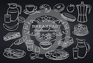 Set breakfast icons on chalkboard