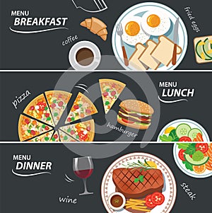 Set of breakfast lunch and dinner web banner photo