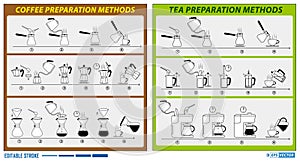 Set of brewing tea and coffee instruction flat style or tea and coffee preparing hot beverage or making brew process icon