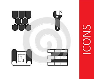 Set Bricks, Roof tile, House plan and Adjustable wrench icon. Vector