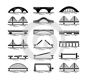 Set of bridge black silhouette icons isolated on white background. Different types of bridges. Various constructions of bridges.