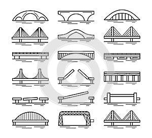 Set of bridge line icons isolated on white background. Different types of bridges. Various constructions of bridges.