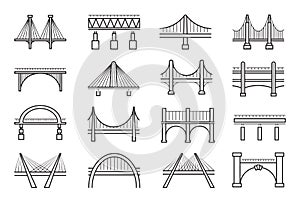 Set of bridges types beam  truss  cantilever  tied arch  suspension  cable-stayed thin line icons