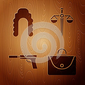 Set Briefcase, Judge wig, Pistol or gun with silencer and Scales of justice on wooden background. Vector