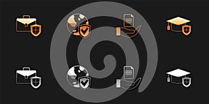 Set Briefcase with shield, Shield world globe, Contract in hand and Graduation cap icon. Vector