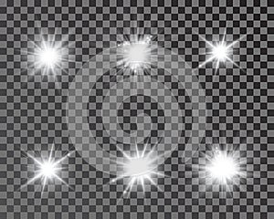 Set of bright beautiful stars. Optical lens glowing flashlight effect. Light effect, bright star, light flare photo