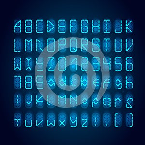 Set of bright blue digital retro clock font on dark