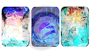 Set of bright blurred abstract textures. Colorful handmade backgrounds with flower imprints, stains, scuffed areas. photo