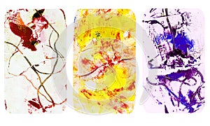 Set of bright blurred abstract textures. Colorful handmade backgrounds with imprints, stains, scuffed areas. photo