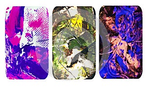 Set of bright blurred abstract textures. Colorful handmade backgrounds with imprints, stains, scuffed areas. photo