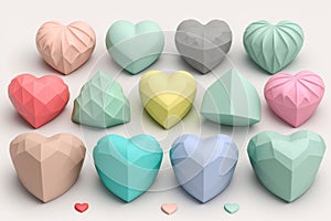 Set of 12 Pastel Color Hearts. Colorful Hearts Color Design. Isolated on white background