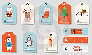 Set of bright Christmas tags with cute characters. Printable greeting cards illustration.