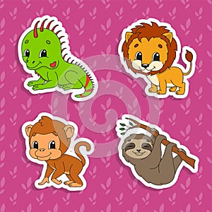 Set of bright color stickers. Orange lion. Brown monkey. Green iguana. Brown sloth. Cute cartoon characters. Vector illustration