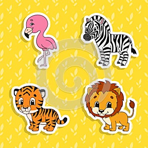 Set of bright color stickers. Orange lion. Orange tiger. Happy zebra. Pink flamingo. Cute cartoon characters. Vector illustration