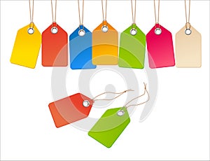 Set of bright colored price tags on a cord