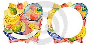 Set of bright colored watercolor cards with fruits, still life of fruit plates, banana and apple frame, vegan healthy food