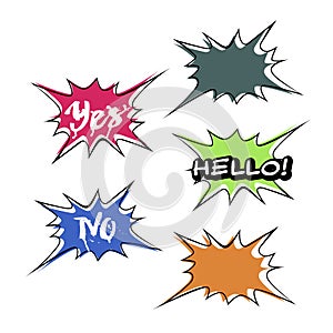 Set of bright colorful blank speech bubbles. Colorful icons isolated on white background. Comic and cartoon style. Yes, No, Hello.