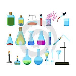 Set of bright colorful chemical laboratory glassware isolated on white background.