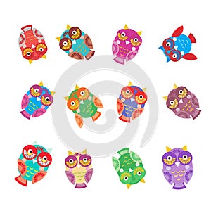 Set bright colorful cute owls on white background, funny birds face with winking eye, bright colors. Vector