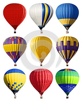 Set of bright colorful hot air balloons on white