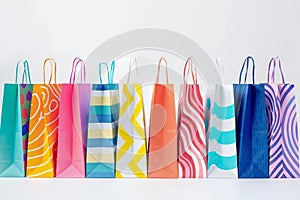A set of bright, colorful paper bag layouts on a white background