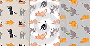 Set of Bright colorful Seamless pattern with Cute Cartoon Cats