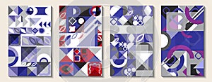 Set of bright contrasting geometric abstract templates for text placement. Blue, blueberry, purple, red colors shapes