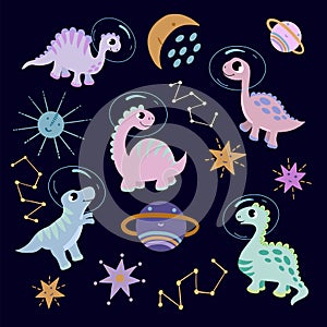 Set of bright cute dinosaurs flying in space