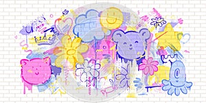 Set of bright cute, kawaii design elements. Anime style characters, cat, bear, flowers. Hand drawn brush strokes