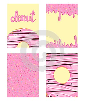 Set of bright food cards. Set of donuts with pink glaze. Donut pattern, background, card, poster. Vector illustration template for