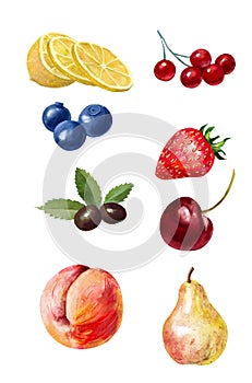 A SET OF BRIGHT FRUITS AND BERRIES .WATERCOLOR ILLUSTRATION.