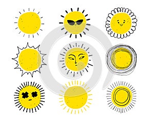 Set of bright funny suns with different characters. Elements for summer design.
