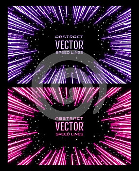 Set of bright glowing neon speed lines. Template for poster, banner, invitation to night party in club
