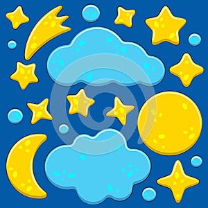 Set of bright images with the night sky, moon, stars, clouds. Isolated vector objects.