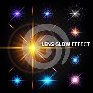 Set of bright light effects on a dark background transparent. The effect the lens, the sun glow, . design for the Christmas and