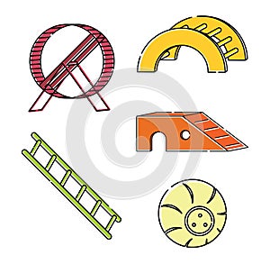 Set of bright line art illustrations toys for for hamsters, rats, rodents, guinea pigs