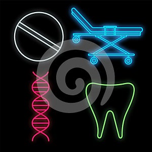 Set of bright luminous multi-colored medical neon signs for a pharmacy or hospital store beautiful shiny scientific pill dna bed