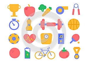 A set of bright and modern healthy lifestyle icons. Sports food, cardio, awards, sports equipment and entertainment. Can be used