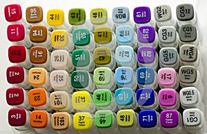Set of bright multi-colored felt-tip pens or markers with designation of numbers and the name of color. Photo for creativity,