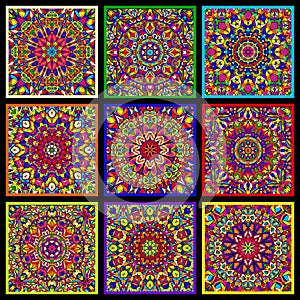 Set of bright multicolor cards with kaleidoscope circular patterns